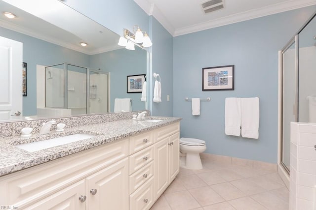 bathroom featuring tile patterned floors, ornamental molding, toilet, walk in shower, and vanity