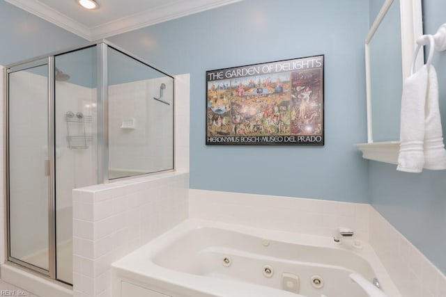 bathroom featuring separate shower and tub and ornamental molding