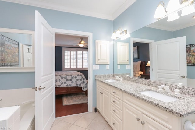 bathroom with vanity, tile patterned floors, and ornamental molding