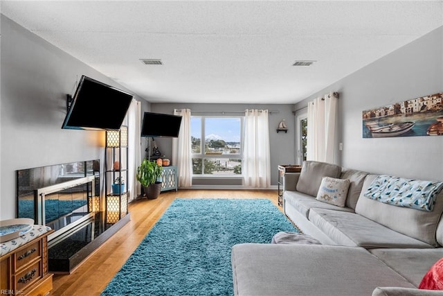 living room with a textured ceiling and light hardwood / wood-style flooring