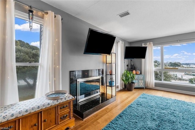 living room with light wood-type flooring and a textured ceiling