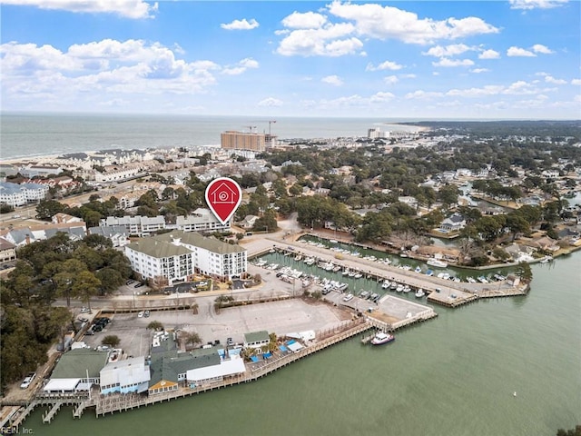 aerial view featuring a water view