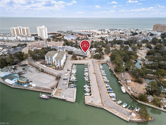 drone / aerial view featuring a water view