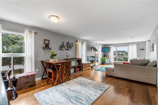 living room featuring hardwood / wood-style flooring and a textured ceiling