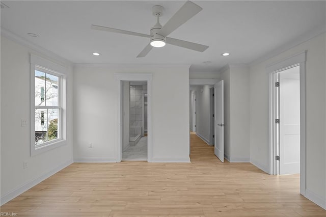 unfurnished bedroom featuring ceiling fan, connected bathroom, crown molding, and light hardwood / wood-style floors