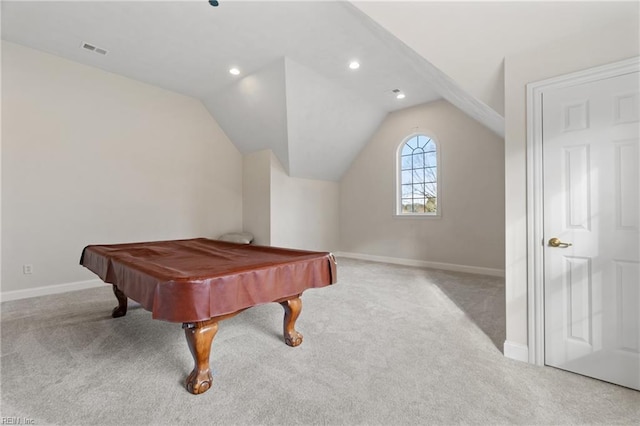 playroom with vaulted ceiling, billiards, and light carpet