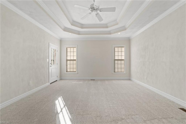 spare room featuring a raised ceiling, ornamental molding, plenty of natural light, and light colored carpet