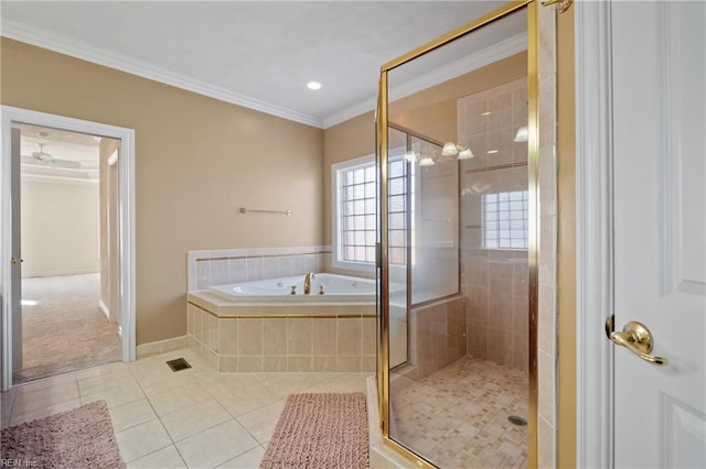 bathroom with ornamental molding, independent shower and bath, and tile patterned flooring