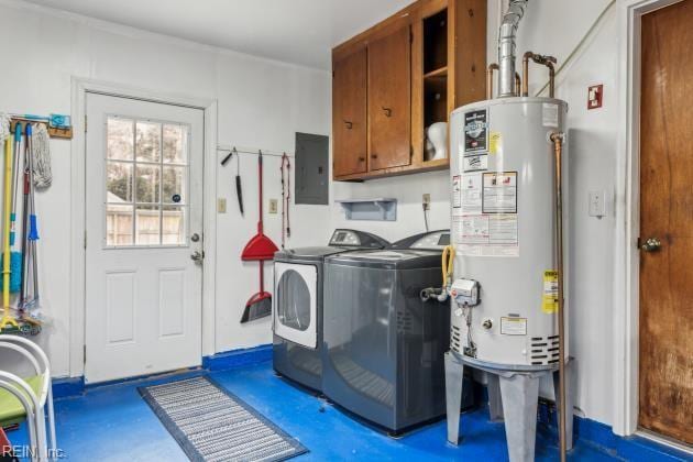 laundry room featuring washing machine and dryer, gas water heater, cabinets, and electric panel