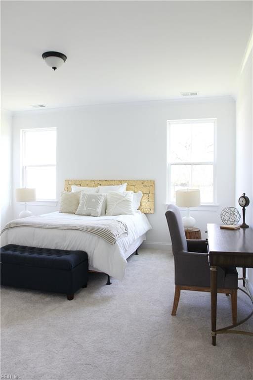 carpeted bedroom featuring multiple windows and ornamental molding