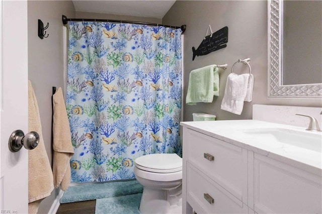 bathroom with vanity, a shower with curtain, toilet, and hardwood / wood-style flooring