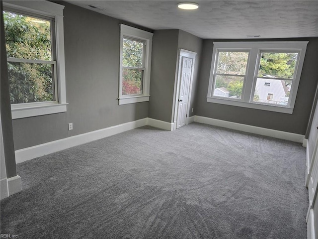 unfurnished room with carpet floors, plenty of natural light, and a textured ceiling