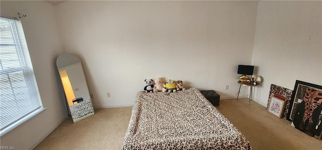 bedroom with light carpet