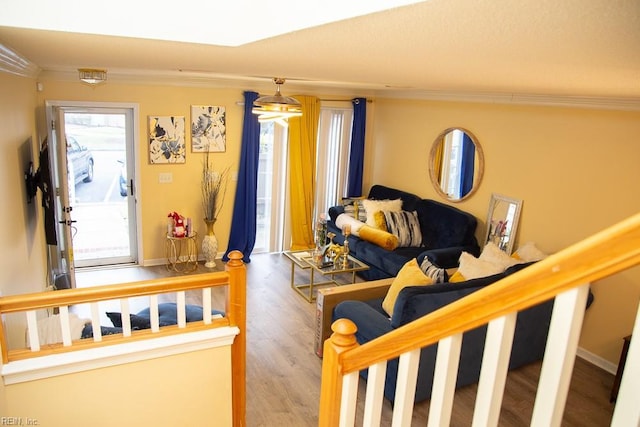 living room featuring crown molding and hardwood / wood-style floors