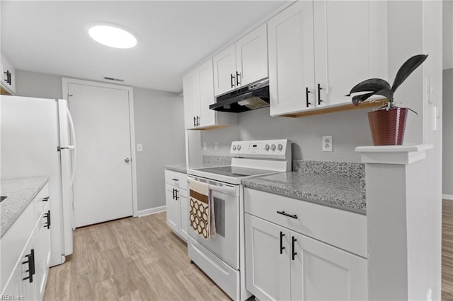 kitchen with light stone counters, white appliances, white cabinets, and light hardwood / wood-style flooring