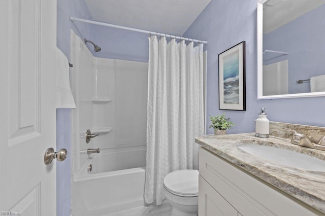 full bathroom with toilet, shower / bathtub combination with curtain, and vanity