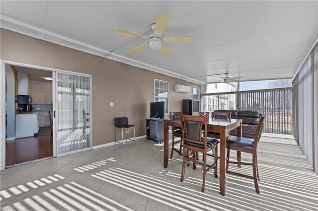 sunroom featuring ceiling fan and an AC wall unit