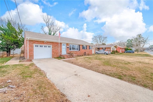 single story home with a front yard and a garage