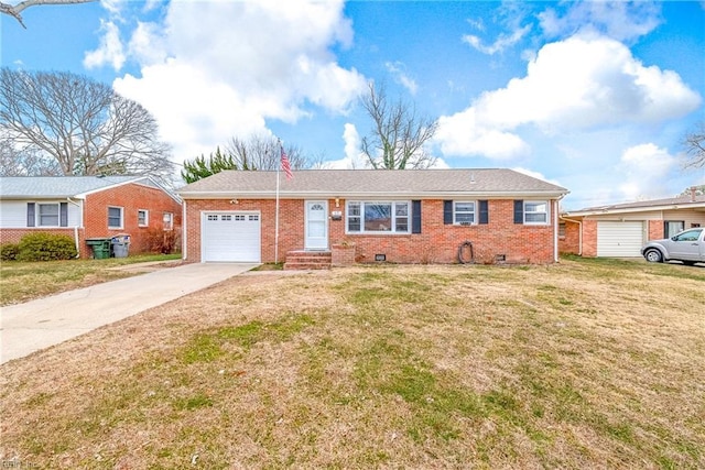 ranch-style home with a garage and a front lawn