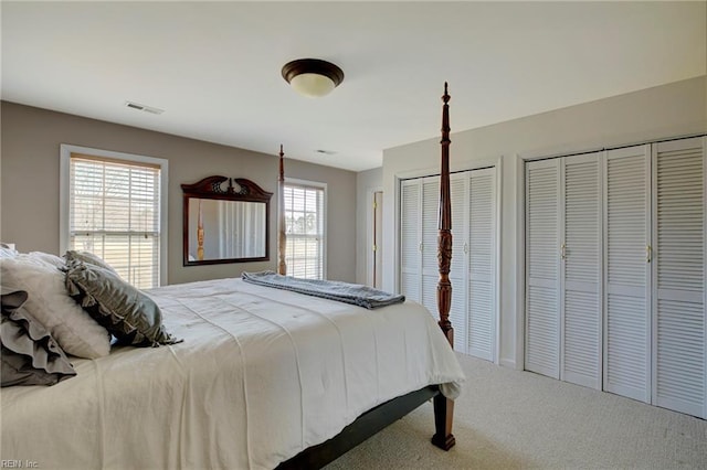 bedroom featuring multiple closets and carpet floors