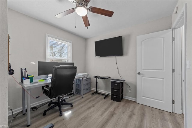 office space with ceiling fan and light wood-type flooring