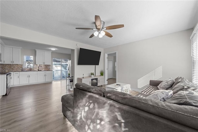 living room with ceiling fan, wood-type flooring, sink, and a textured ceiling