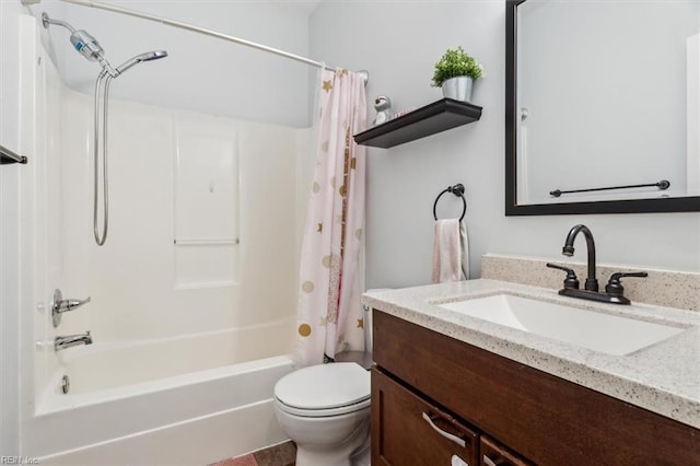 full bathroom with vanity, toilet, and shower / bath combination with curtain