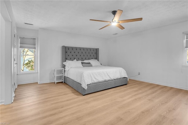 bedroom featuring ceiling fan and light wood-type flooring