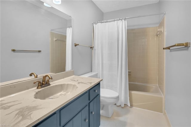 full bathroom featuring vanity, shower / tub combo, tile patterned floors, and toilet