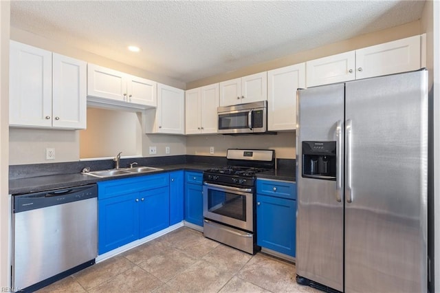 kitchen featuring appliances with stainless steel finishes, sink, white cabinets, and blue cabinetry