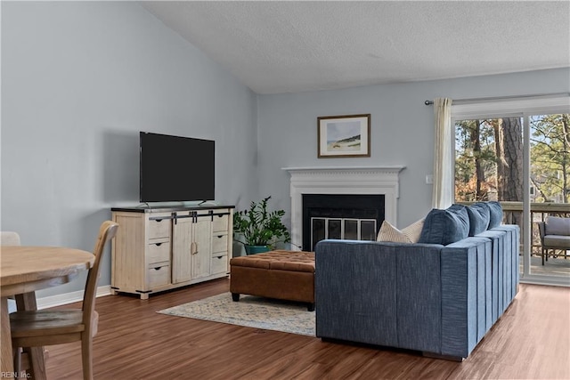 living room with dark hardwood / wood-style floors and a textured ceiling