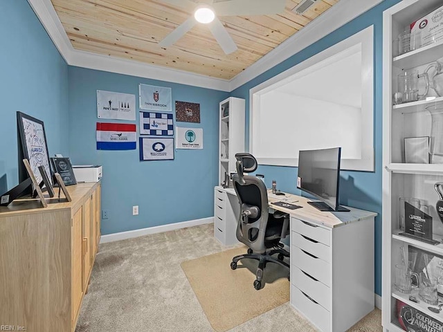 carpeted office space featuring crown molding, ceiling fan, and wood ceiling