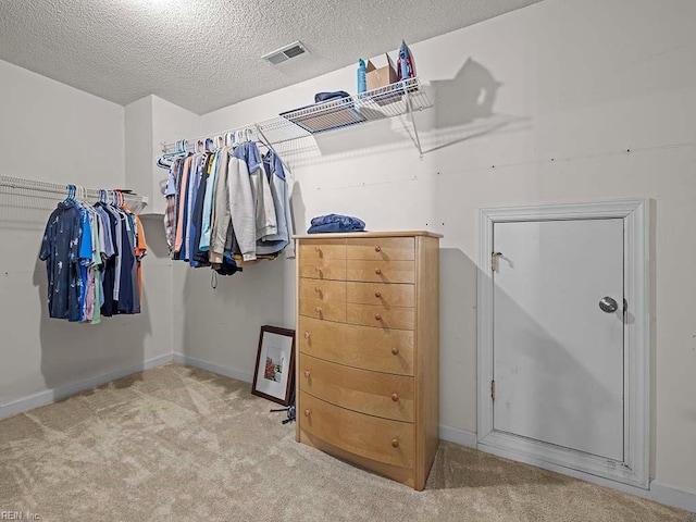 walk in closet with light carpet