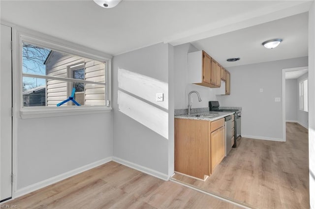 kitchen featuring sink, light stone countertops, light hardwood / wood-style flooring, and appliances with stainless steel finishes