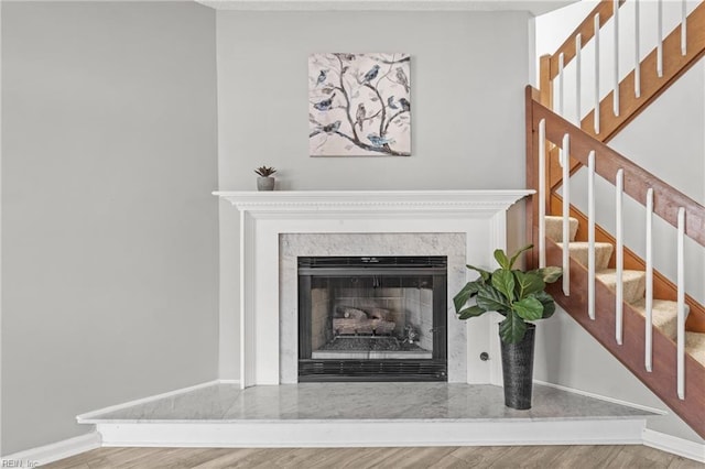 room details with a fireplace and wood-type flooring