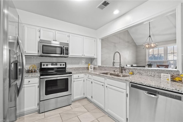 kitchen with sink, decorative light fixtures, stainless steel appliances, and white cabinets