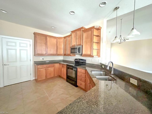 kitchen featuring light tile patterned floors, sink, dark stone countertops, electric range, and pendant lighting