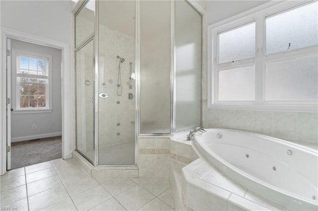 bathroom featuring tile patterned floors and plus walk in shower