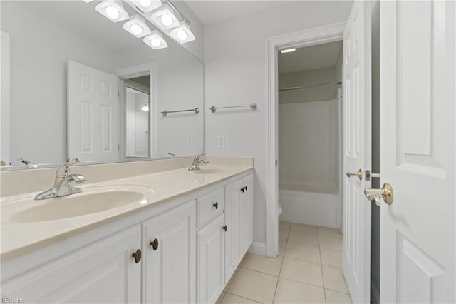 full bathroom with bathing tub / shower combination, toilet, tile patterned flooring, and vanity