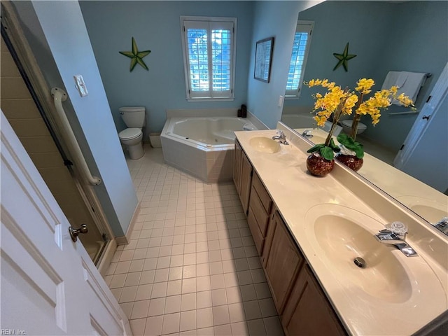 full bathroom with tile patterned flooring, vanity, independent shower and bath, and toilet