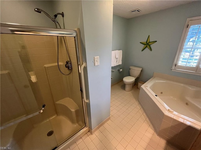 bathroom featuring independent shower and bath, a textured ceiling, and toilet