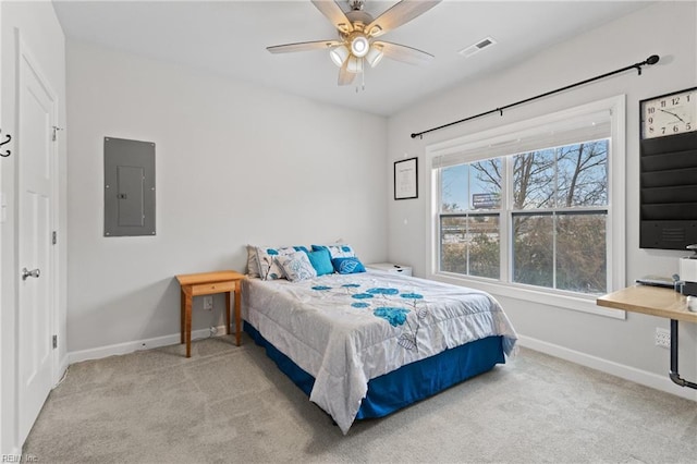 carpeted bedroom with electric panel and ceiling fan