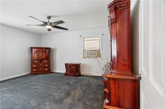 bedroom with dark carpet, cooling unit, and ceiling fan