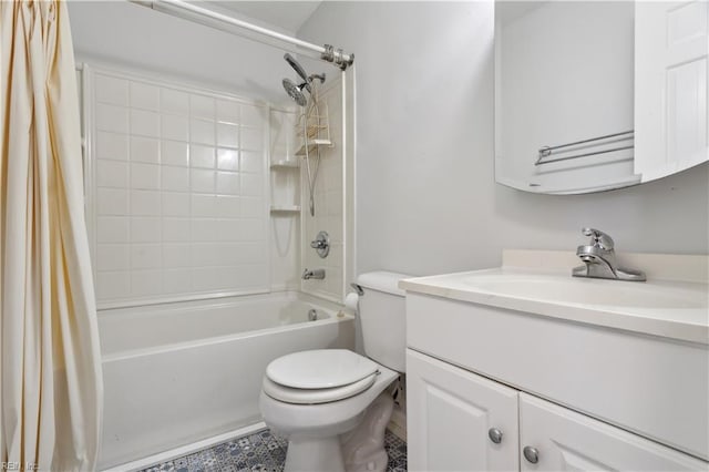 full bathroom with shower / bath combo, vanity, and toilet