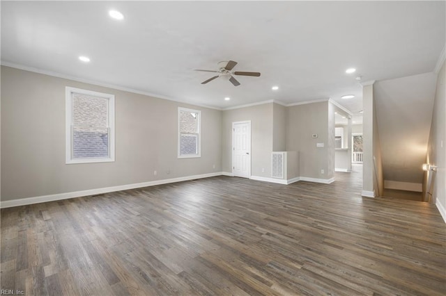 unfurnished living room with ornamental molding, dark hardwood / wood-style floors, and ceiling fan