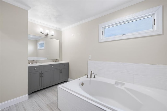 bathroom featuring vanity, tiled bath, and crown molding