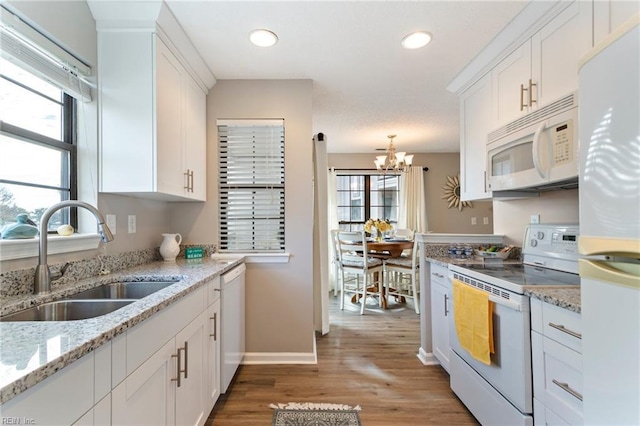 kitchen with white cabinetry, white appliances, sink, and hardwood / wood-style floors