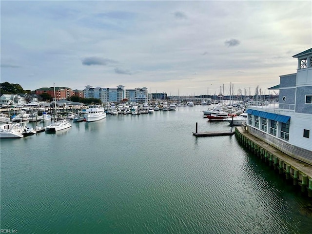 property view of water with a dock