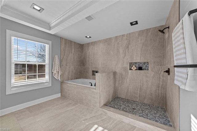 bathroom featuring crown molding and independent shower and bath