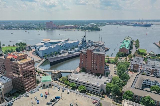 drone / aerial view featuring a water view